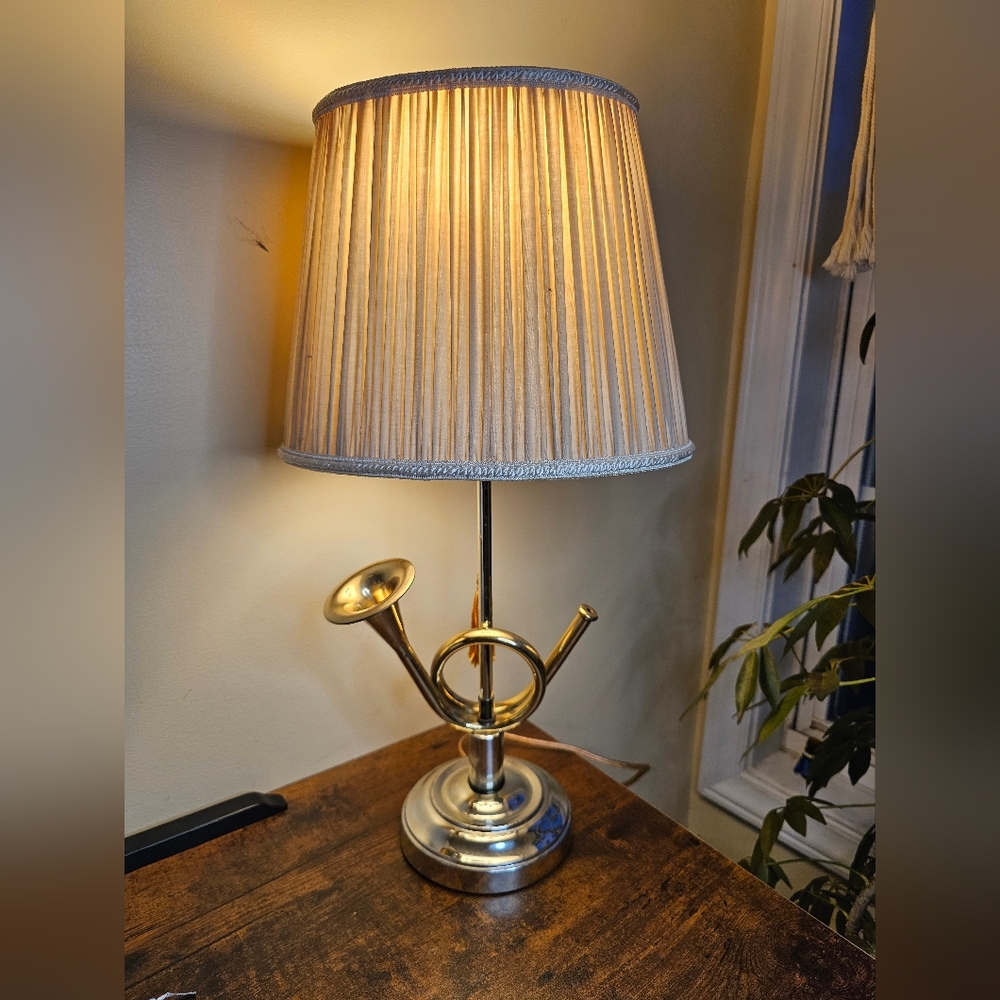 Brass Horn Accent Table Lamp with Ivory Shade
